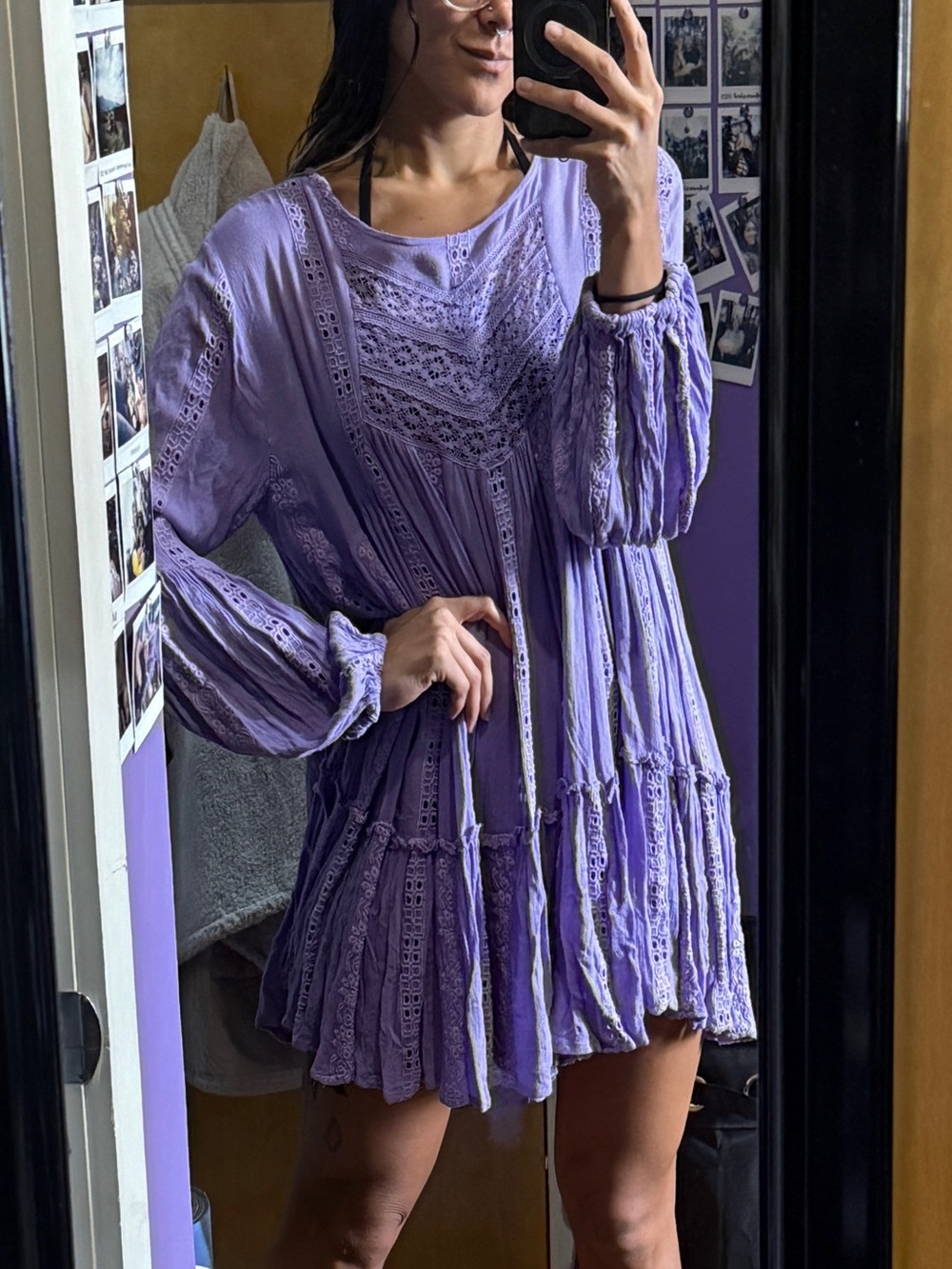 Free People Lavender Boho Crochet Tiered Long Sleeve Mini Dress/Tunic